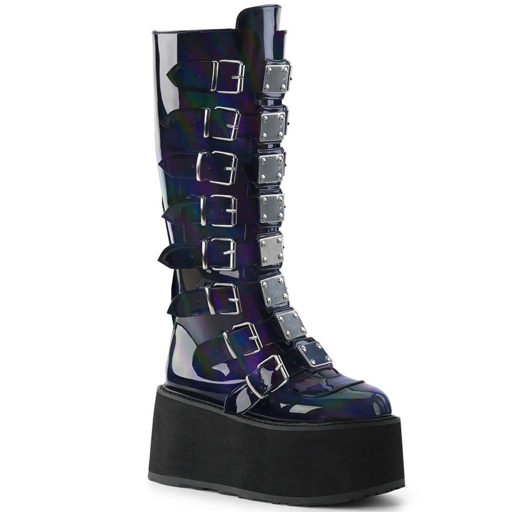 DEMONIA DAMNED 318 Womens Black 3” Platform Knee High Buckle Emo Boot READ BELOW